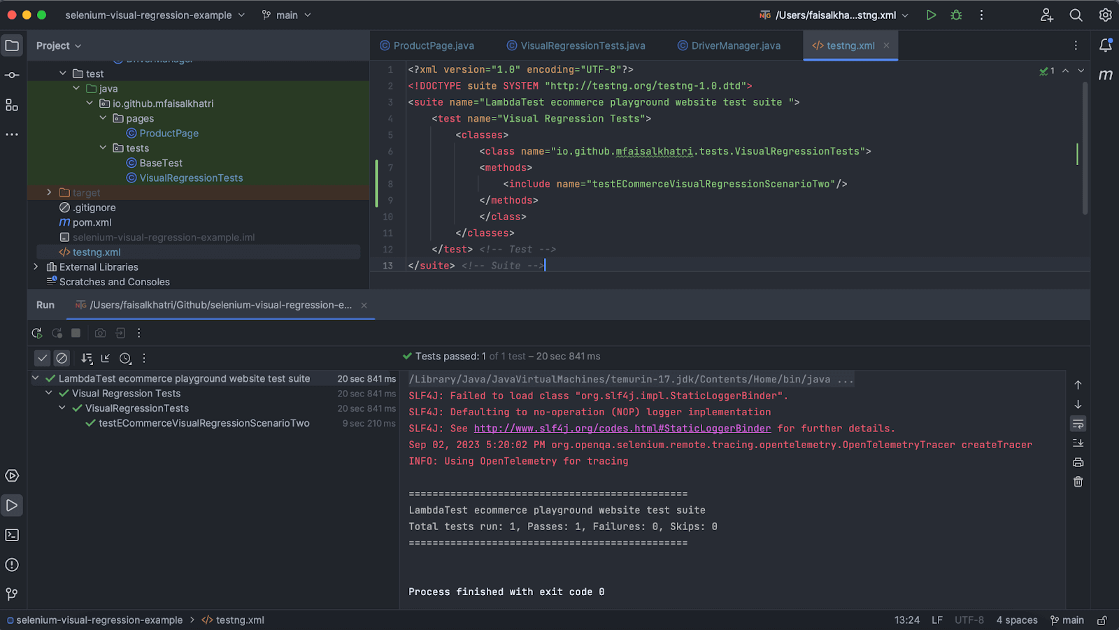  screenshot of the test execution from IntelliJ