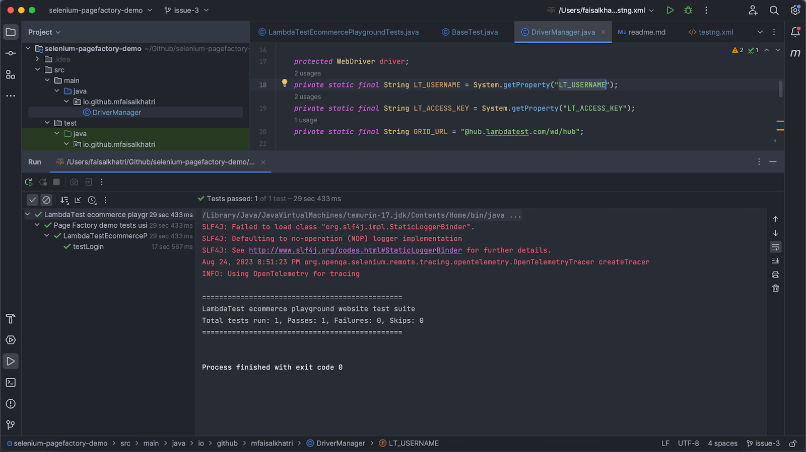 screenshot of the tests run from IntelliJ.