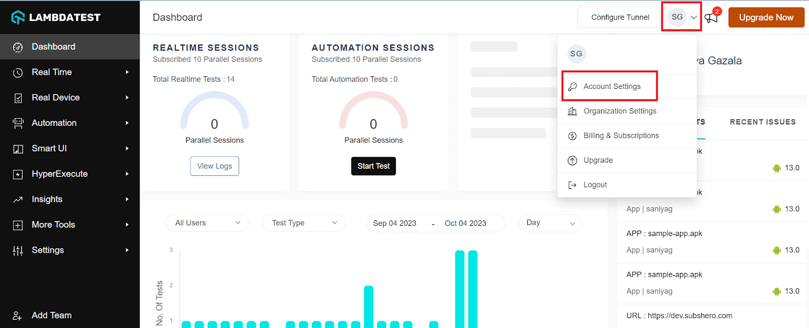 lambdatest dashboard