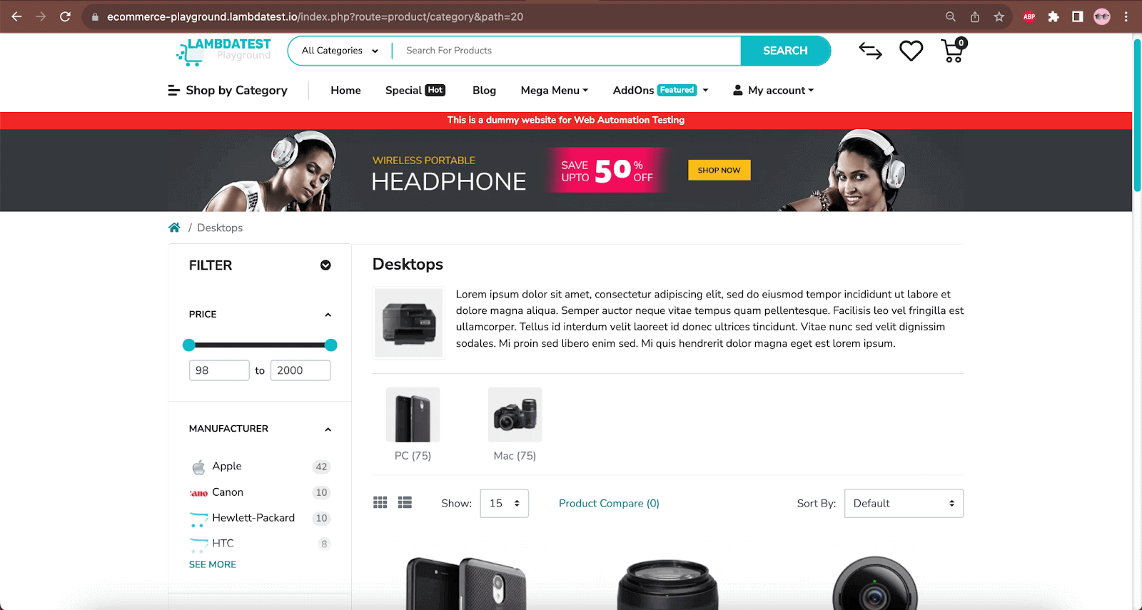 Desktop product page - LambdaTest eCommerce website