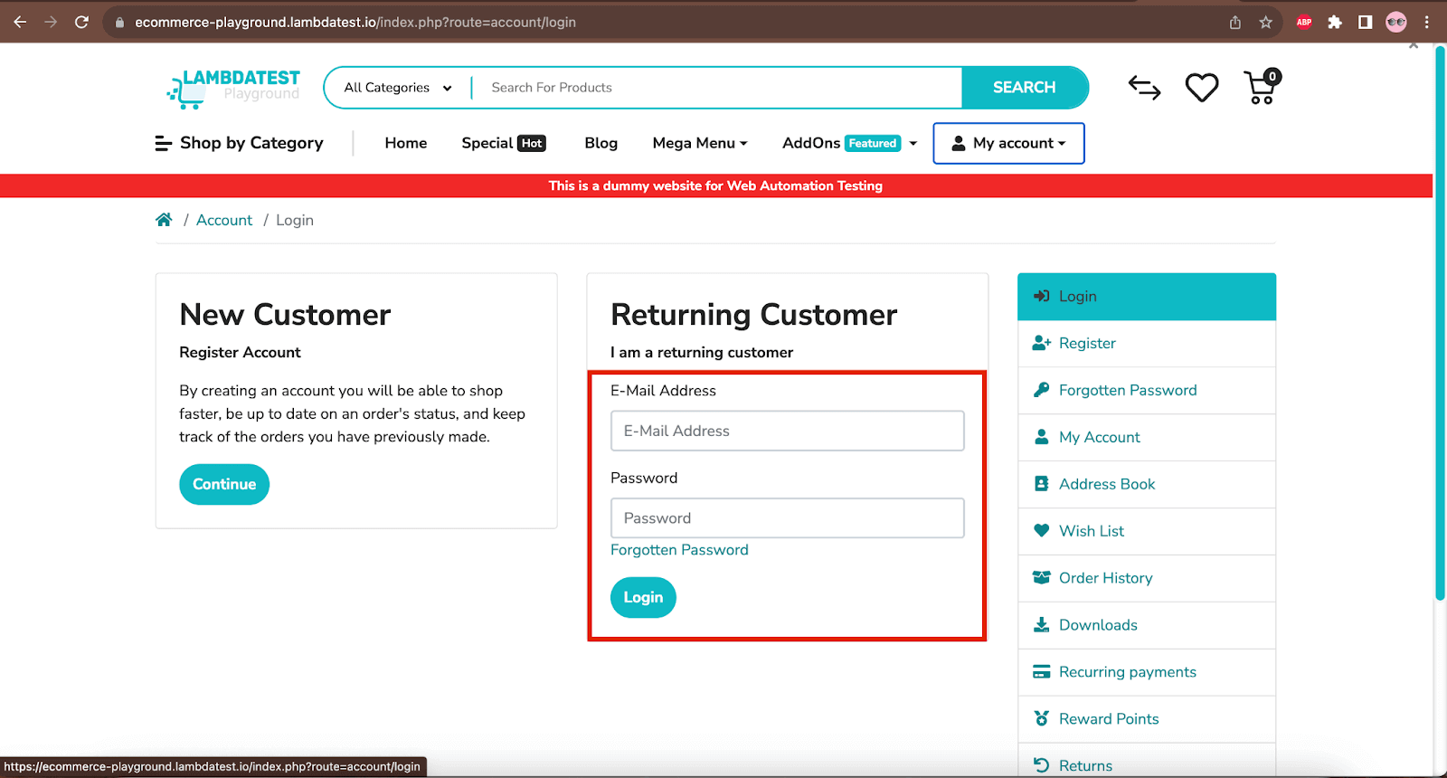 The login screen of LambdaTest’s eCommerce Website