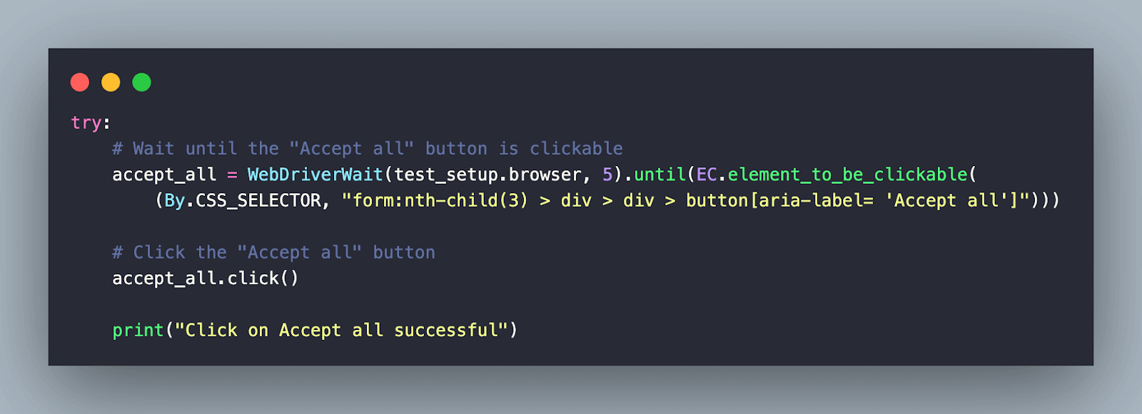 Accept All button using the CSS Selector