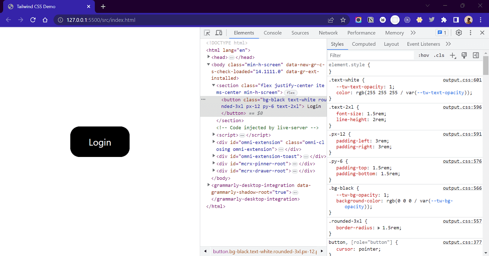 CSS properties were applied to our button element through the classes 