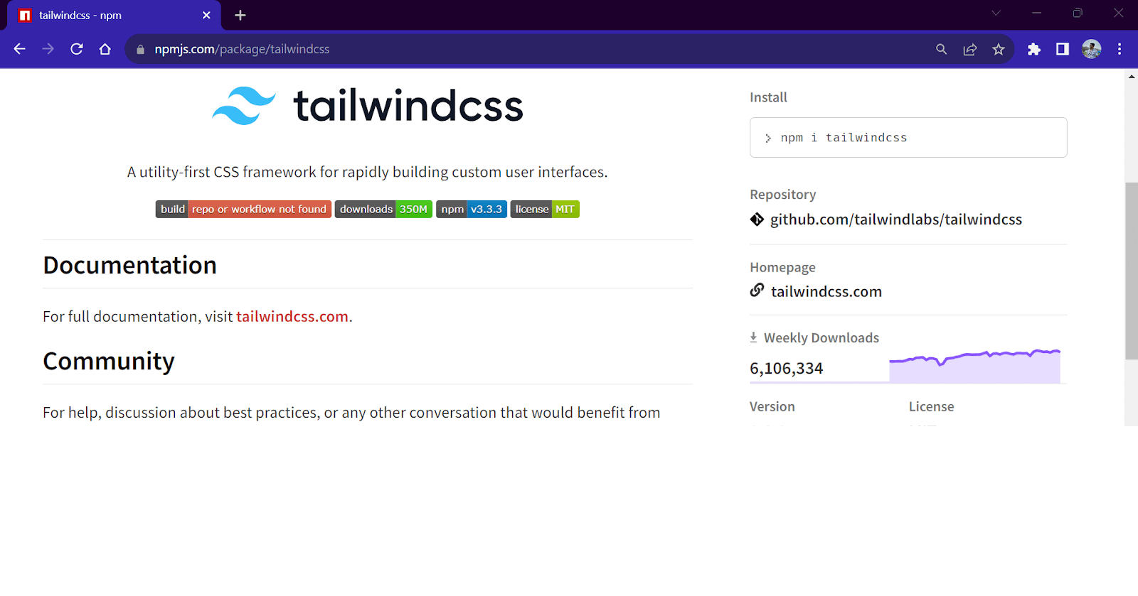 Tailwind CSS weekly downloads