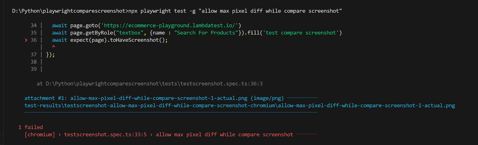 npx playwright -g “allow max pixel diff while compare screenshot” 