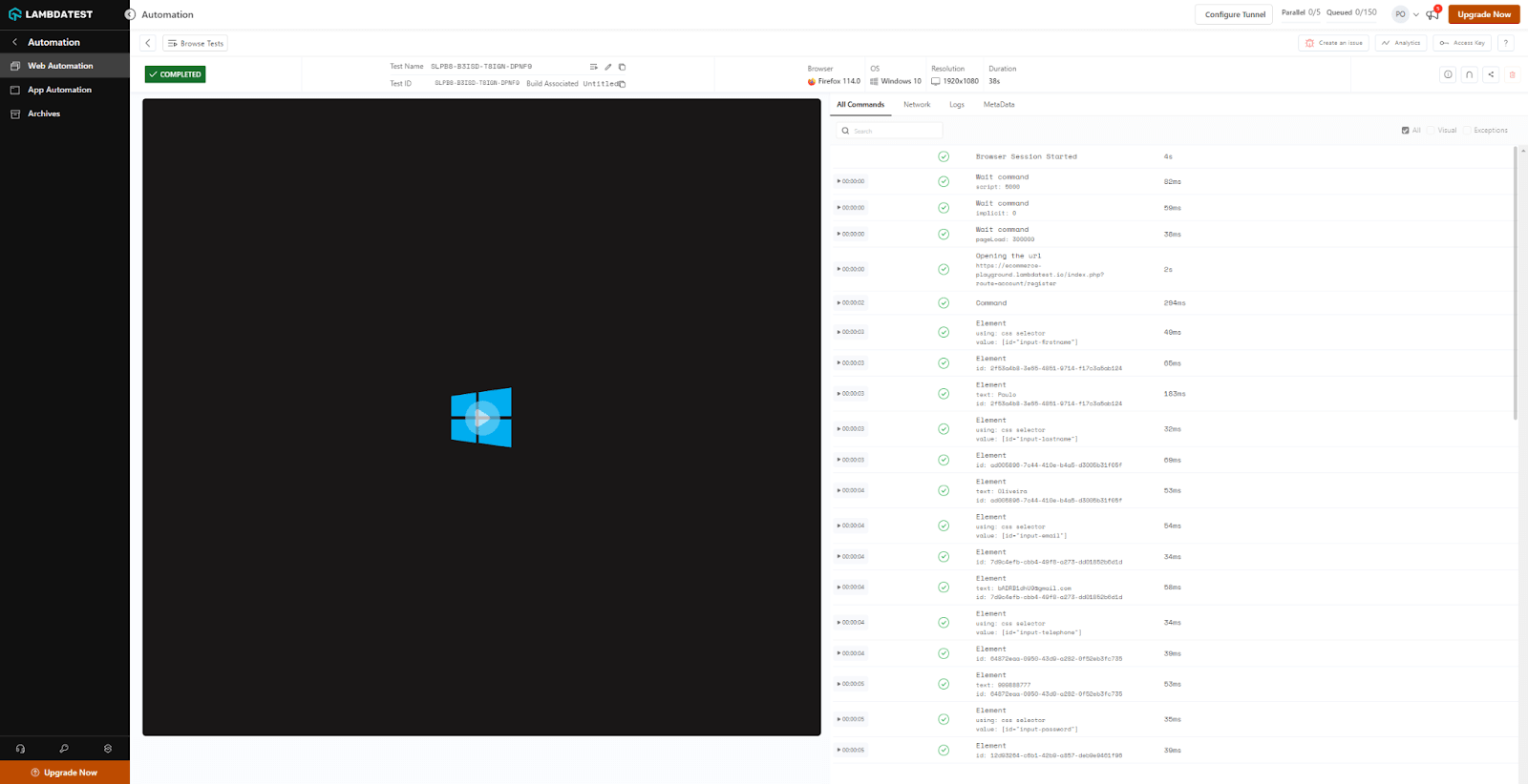 test execution in the LambdaTest dashboard,