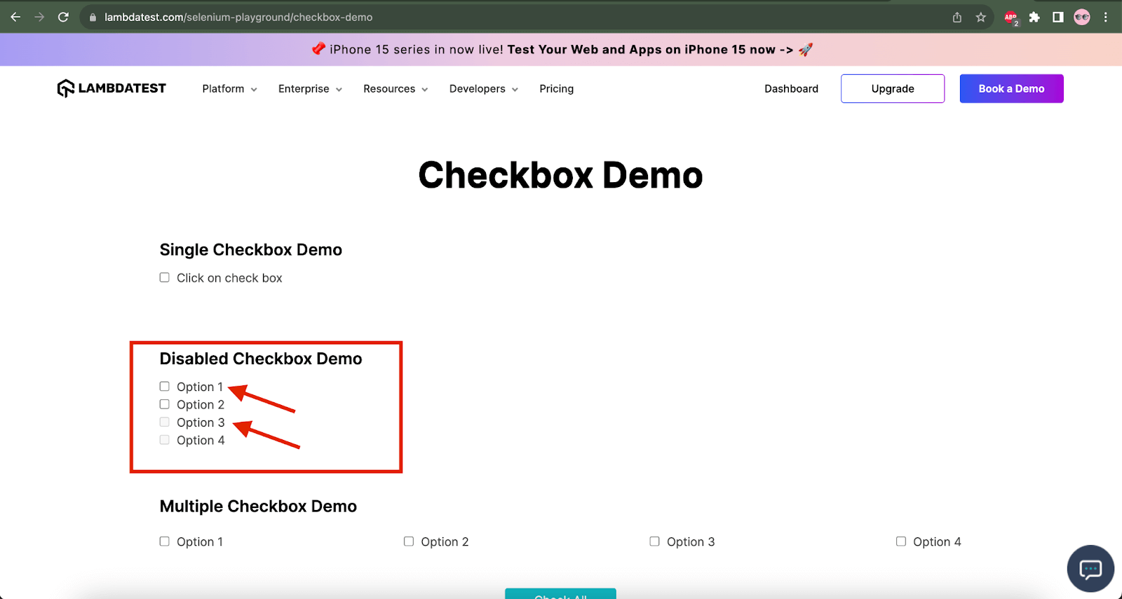 Checkbox Demo Screen