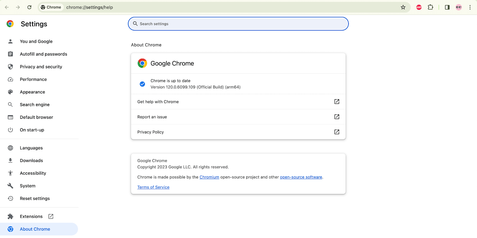 Chrome browser version 120
