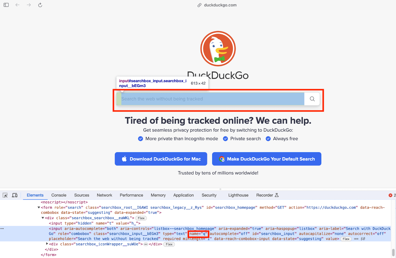 DuckDuckGo search page with the CSS Selector