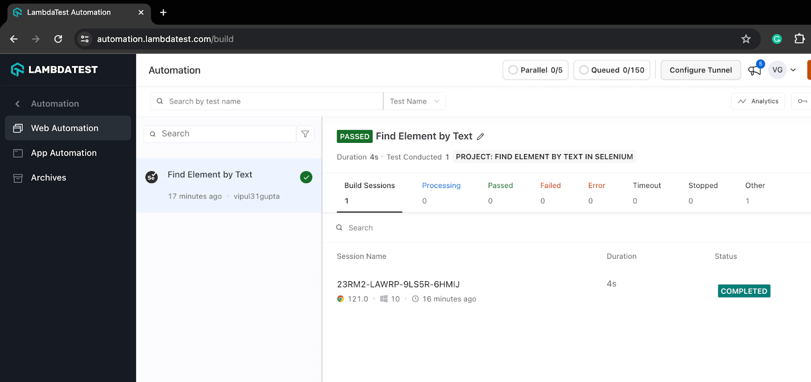 LambdaTest Automation Dashboard