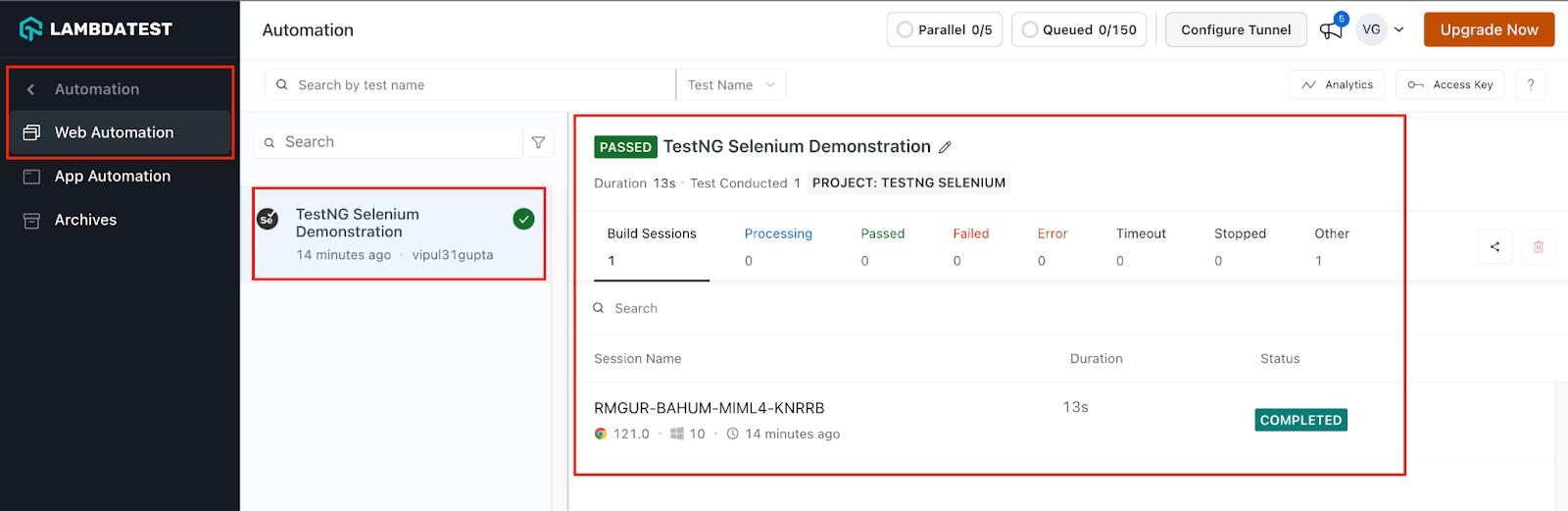  LambdaTest Dashboard to check the execution results