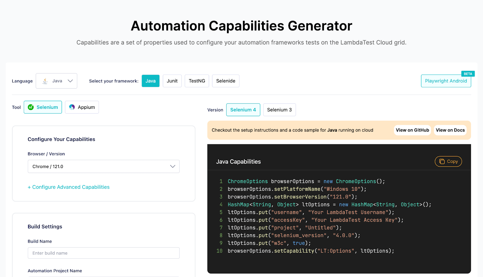 LambdaTest platform by navigating to their Automation Capabilities Generator