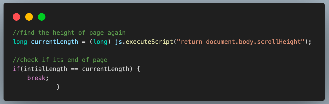 code fetches the web page height again and checks if the heights equal the initial height value