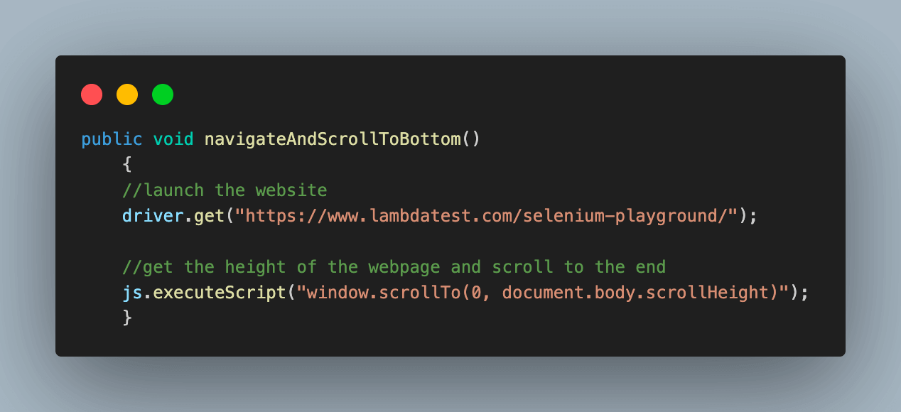 code introduces the first method named navigateAndScrollToBottom()