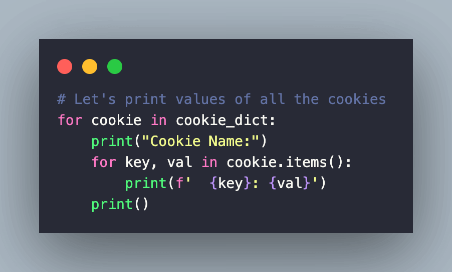 cookies() method returns a dictionary of key value pairs