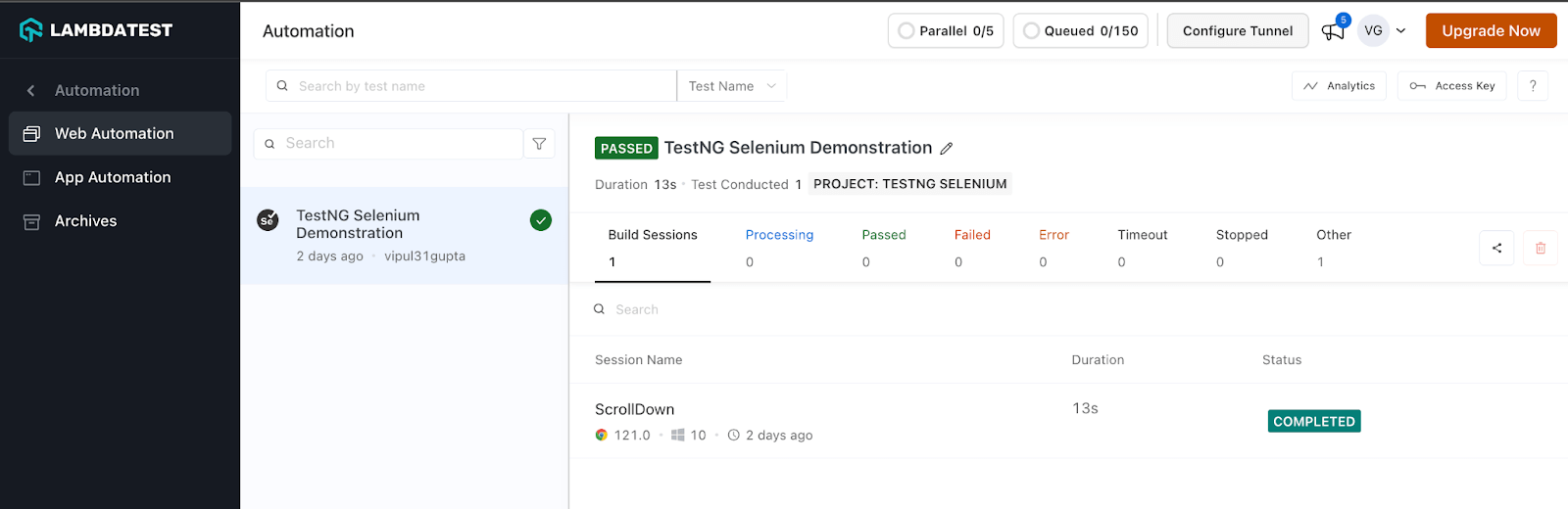 LambdaTest dashboard