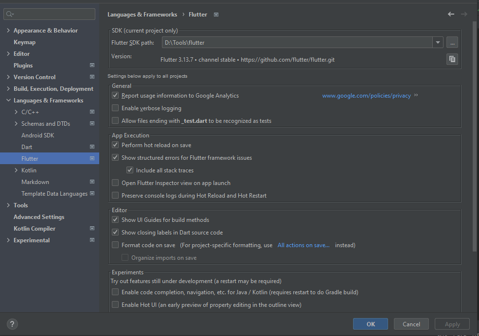 Setting the Flutter SDK path in Android Studio