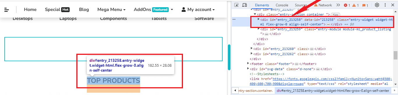 TOP PRODUCTS element on the UI using ID Attribute