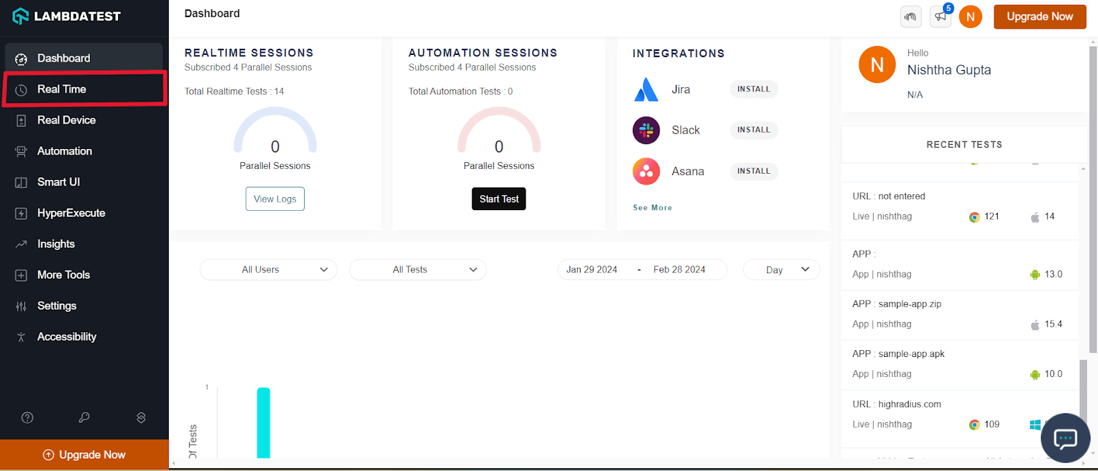 lambdatest dashboard