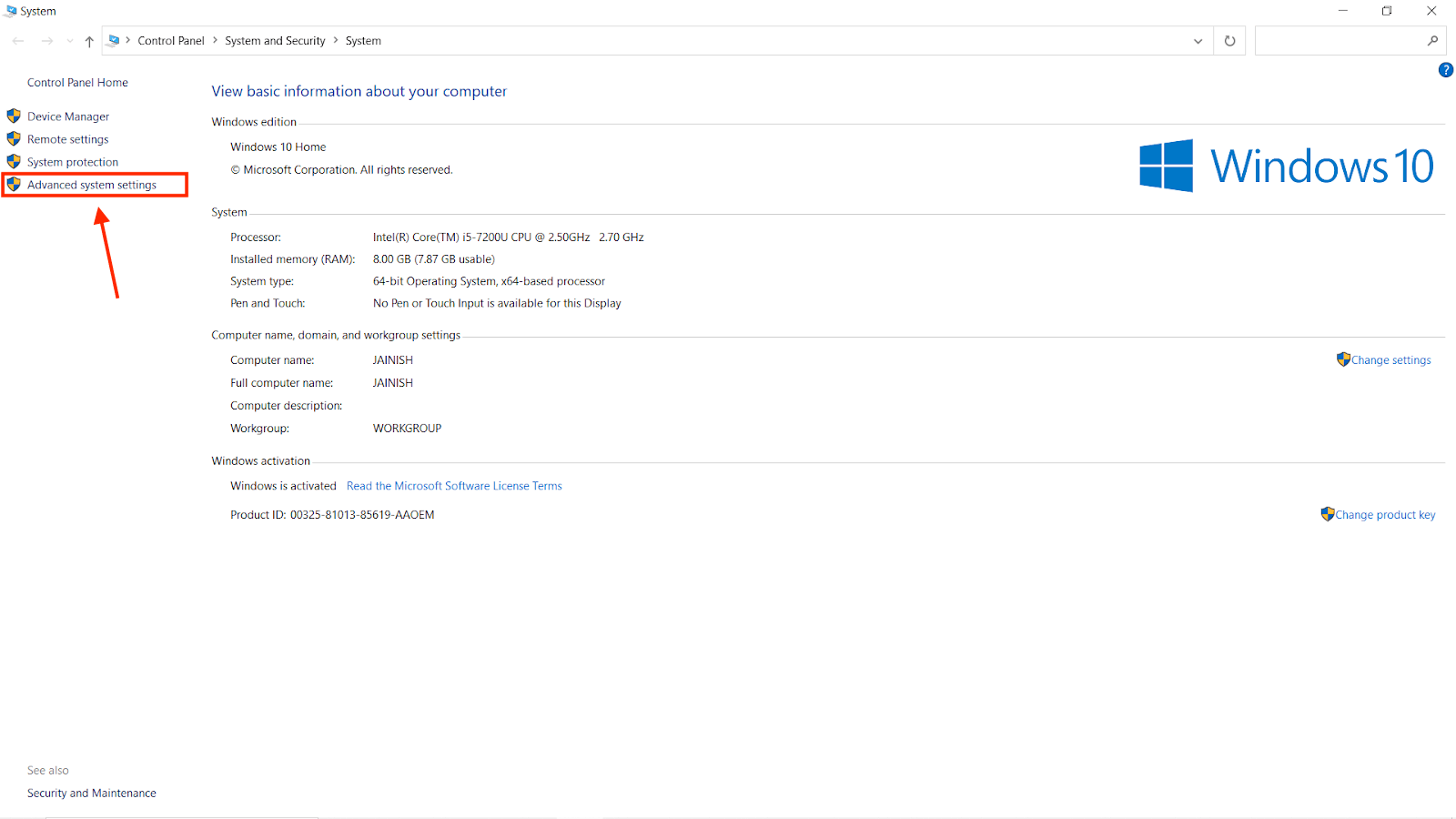 select the Advanced System Settings option