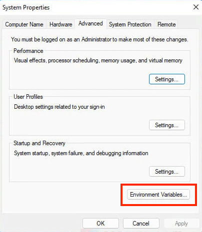 select the Environment Variables button