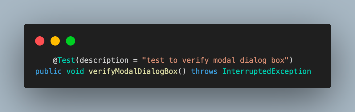 Add the test case as verifyModalDialogBox()