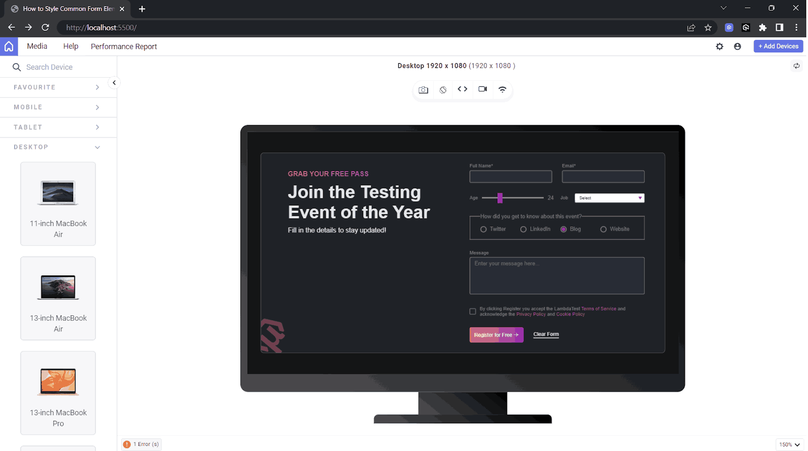 Responsive Testing of CSS Form Design Elements Screen Size (1920x1080)
