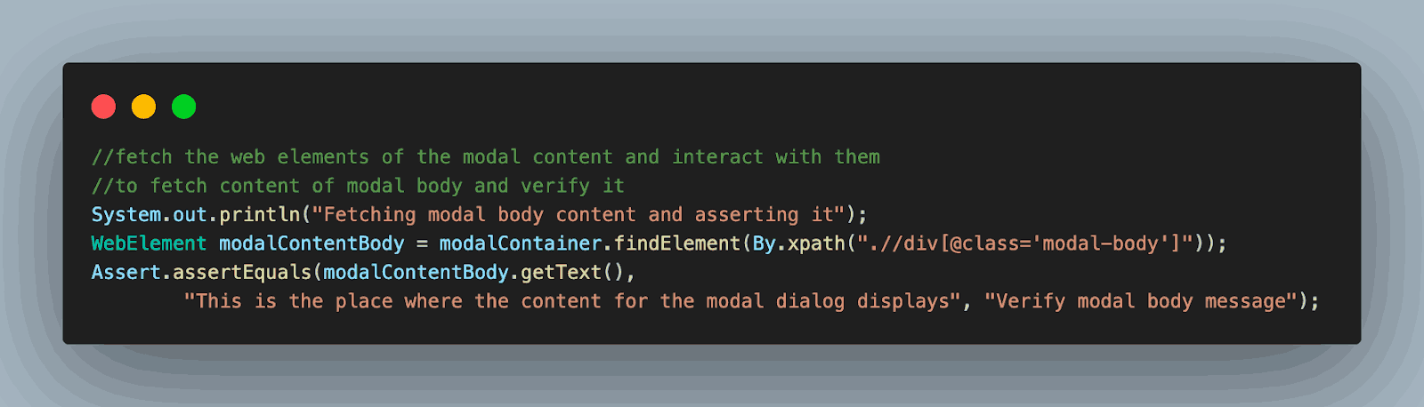 fetch and assert the content body of the modal dialog box.