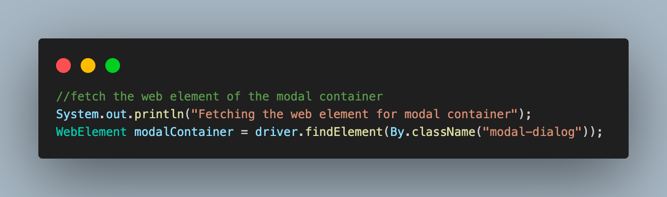 fetch the WebElement of the modal container 
