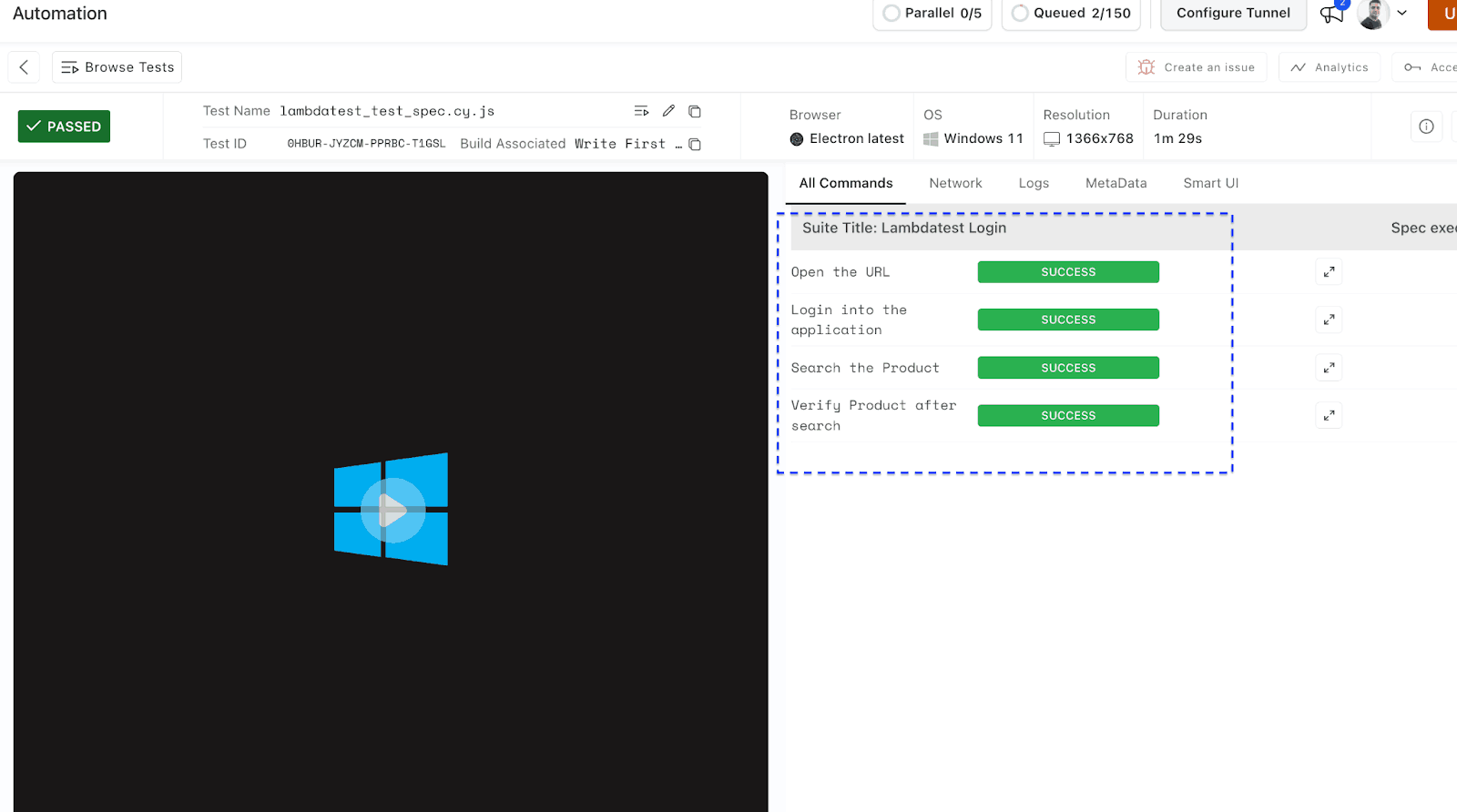  log of executed test cases in the Electron browser.