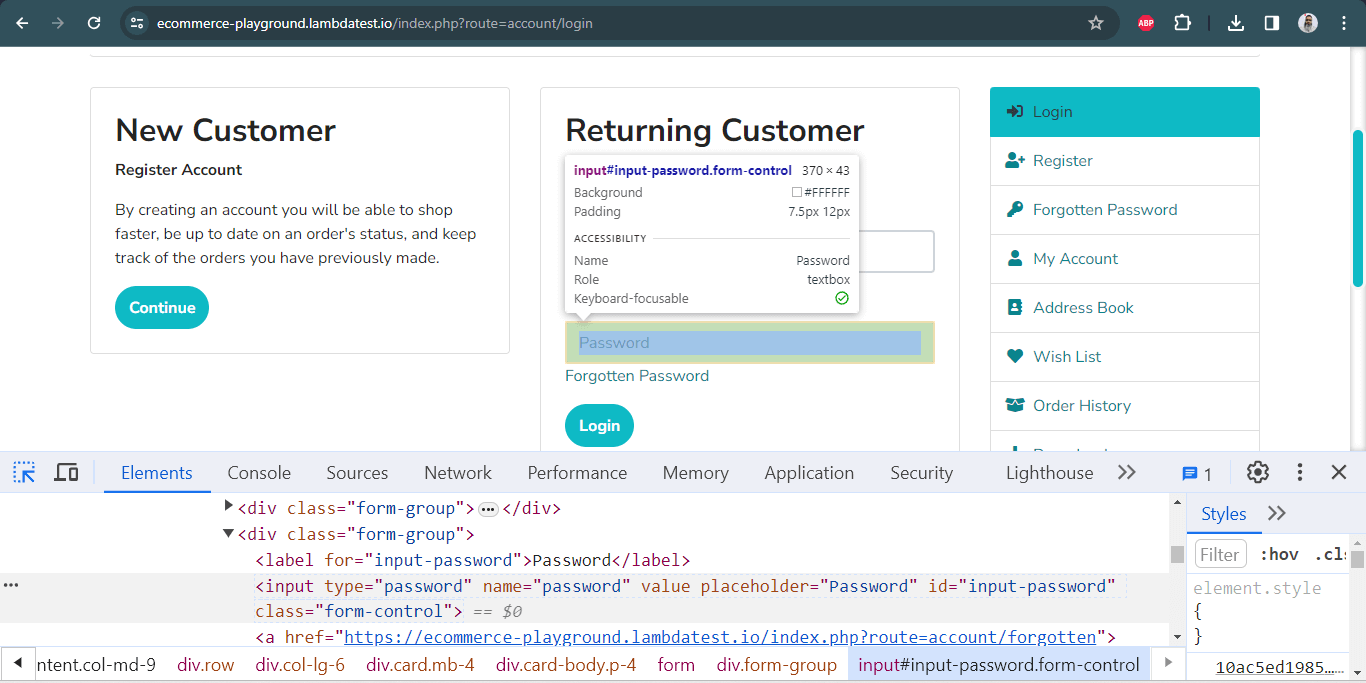 eCommerce Playground website’s Account Login