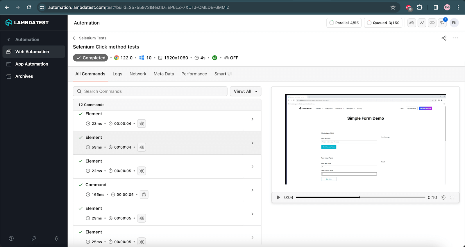 successful test execution on the LambdaTest