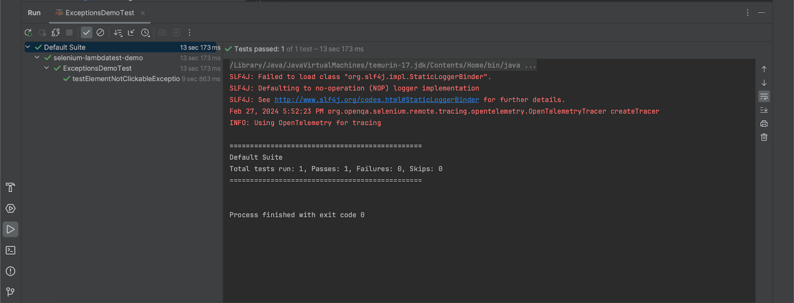 screenshot of the tests executed using IntelliJ IDE