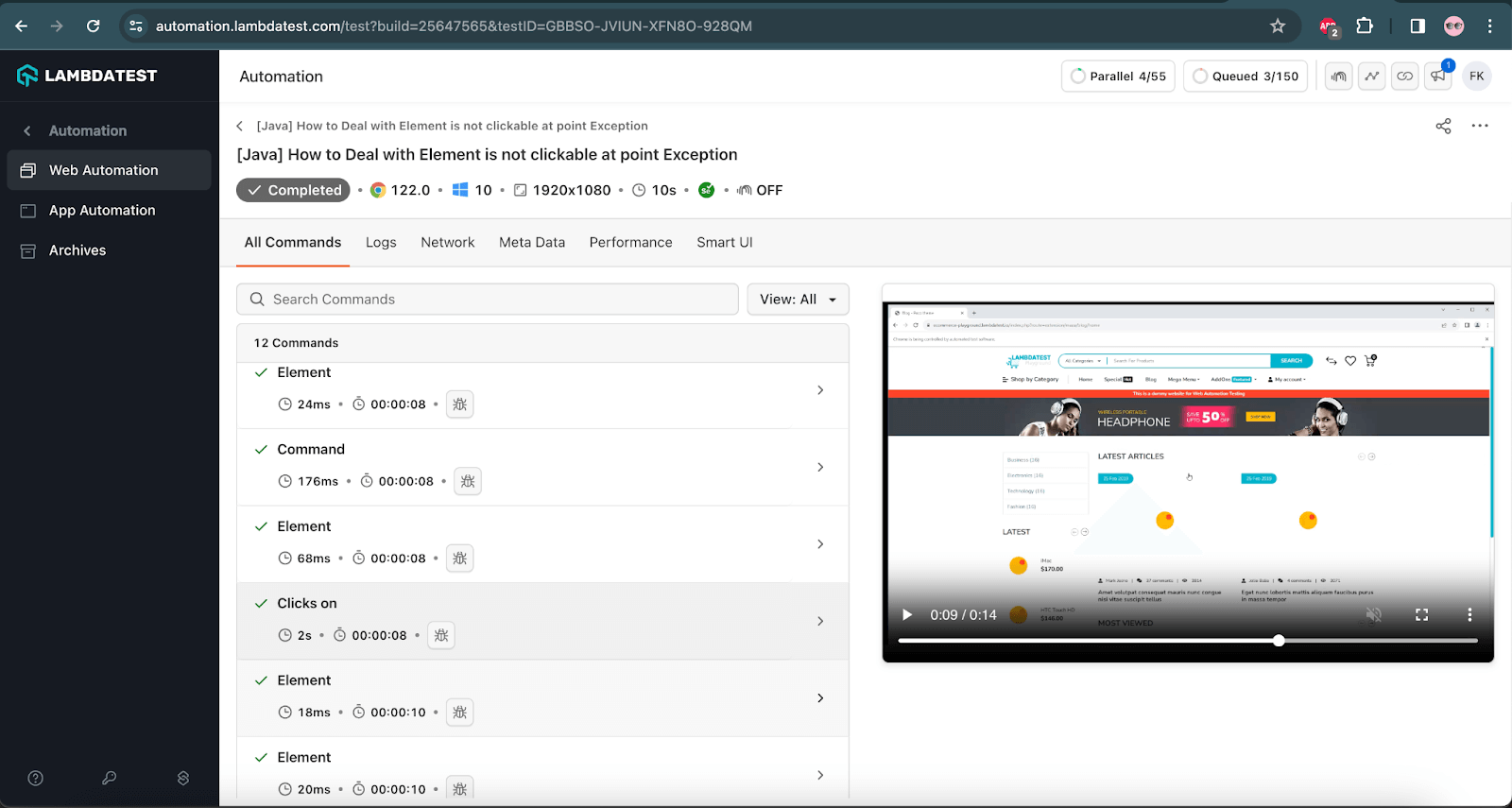 LambdaTest Web Automation Dashboard,