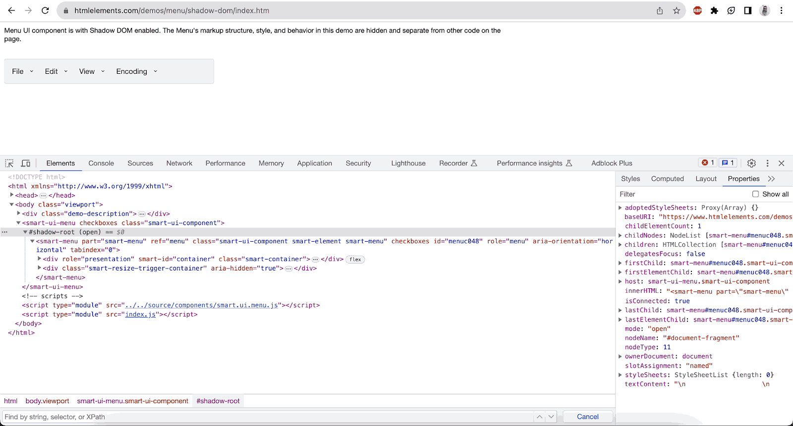 Expand the node and check for the Shadow root element