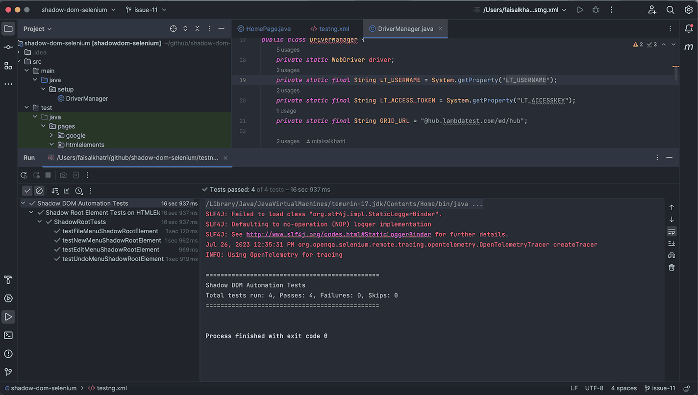 Here is the screenshot of the tests run using IntelliJ IDE
