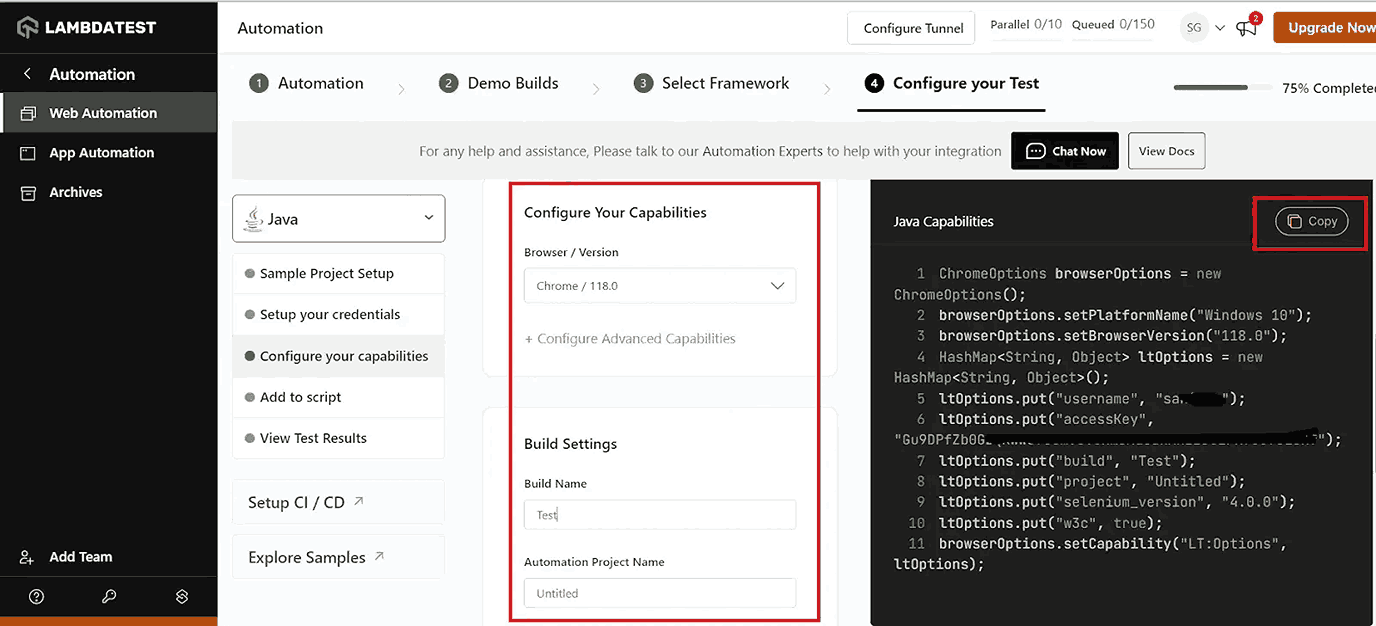 LambdaTest Capabilities Generator interface showing browser and operating system selection options