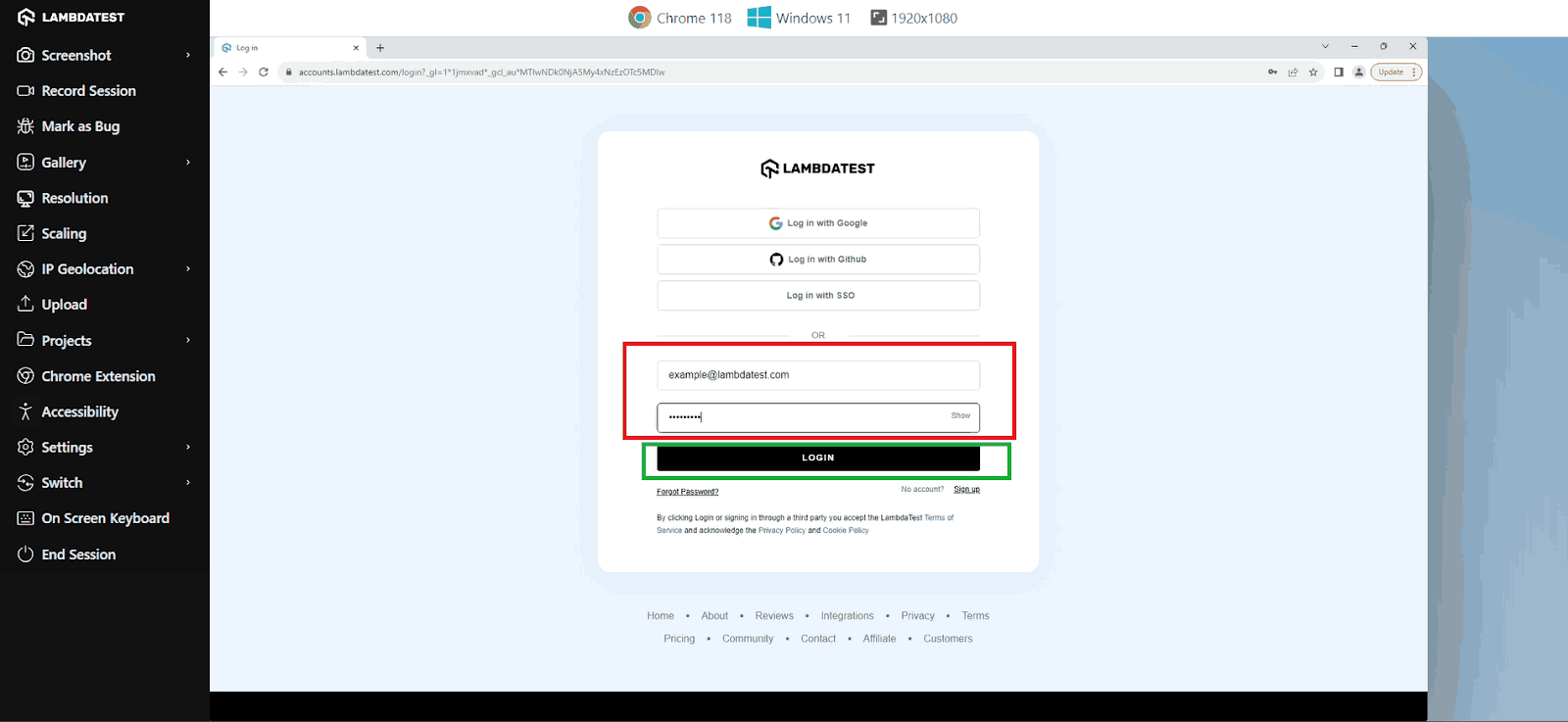 Login form Enter email and password, then click LOGIN
