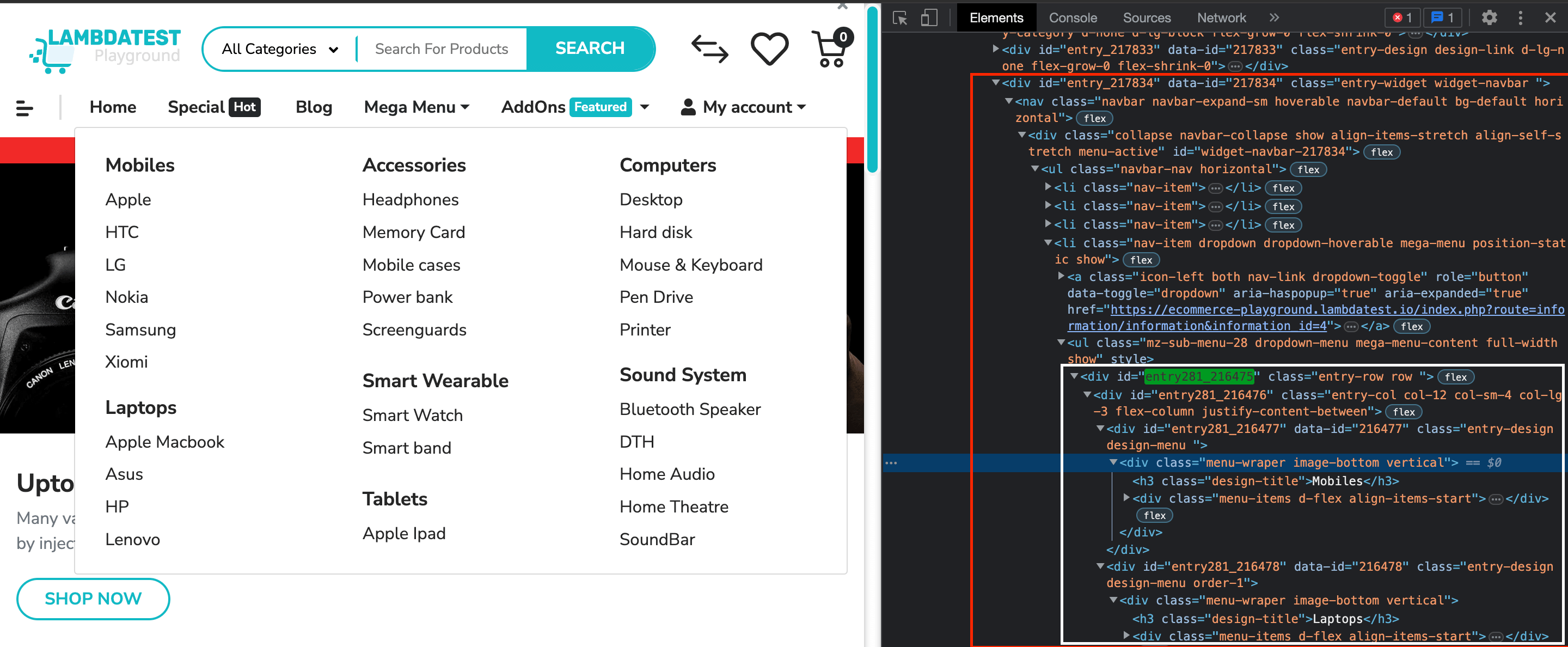 HTML source code of the dropdown