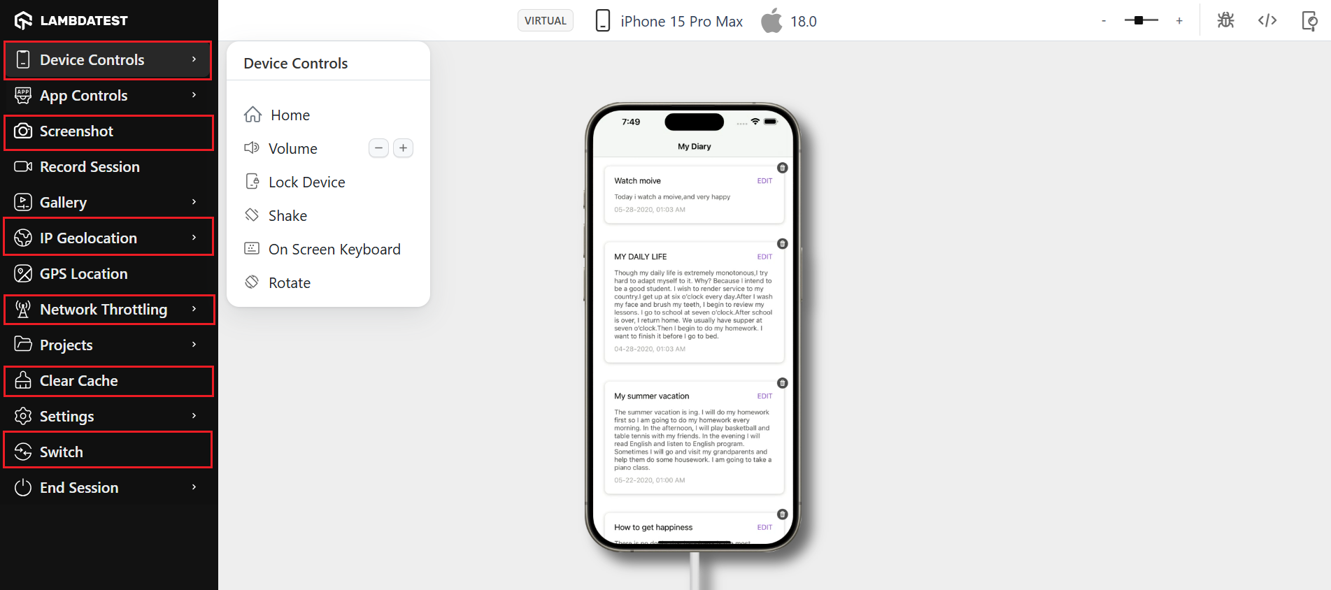 perform various actions on the iOS simulator