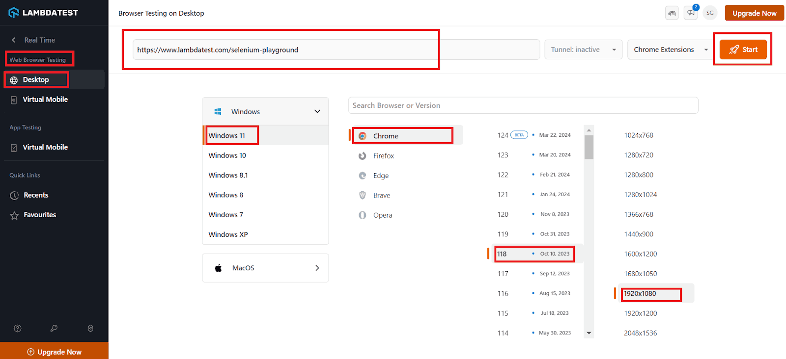 Screenshot demonstrating the process of selecting desktop options and configuring web browser testing settings