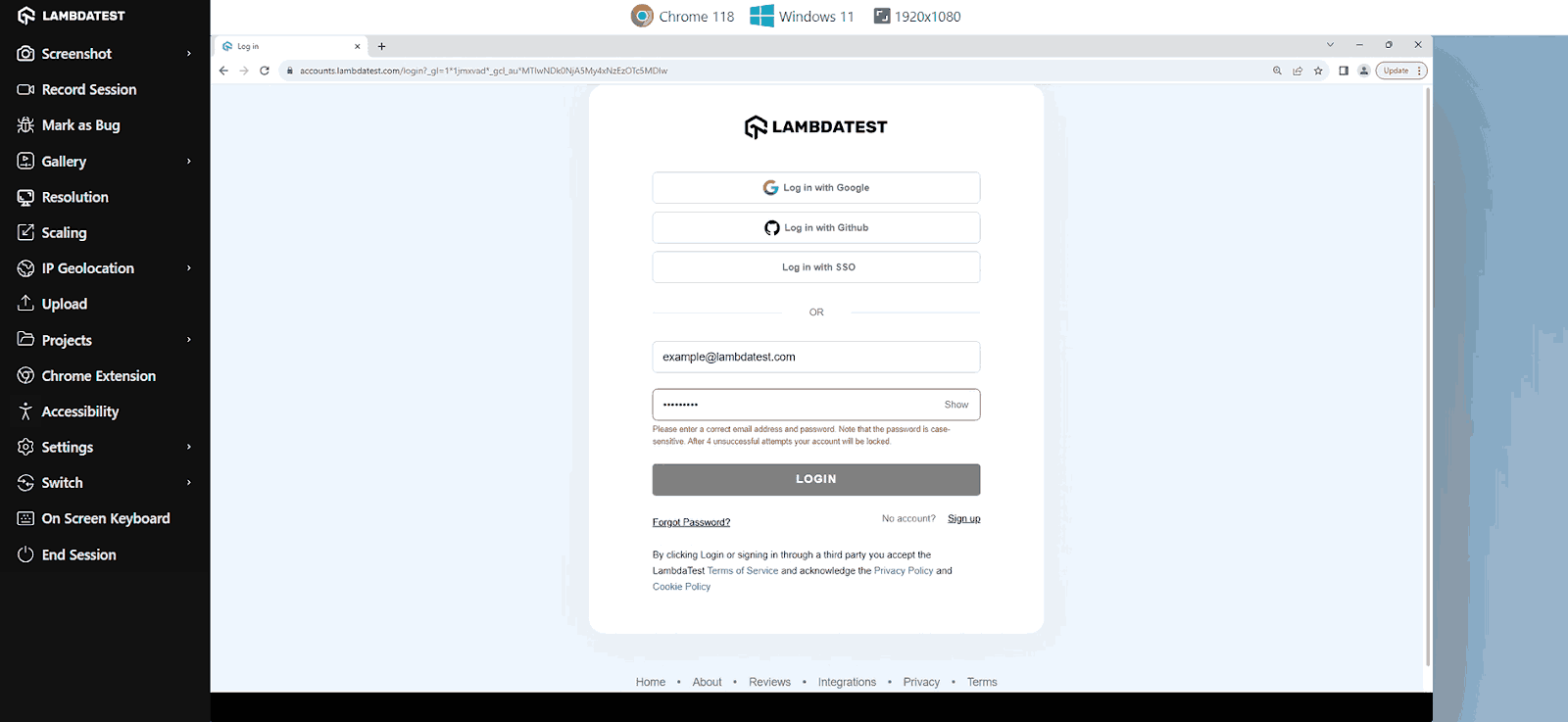 Screenshot of login page with incorrect credentials entered