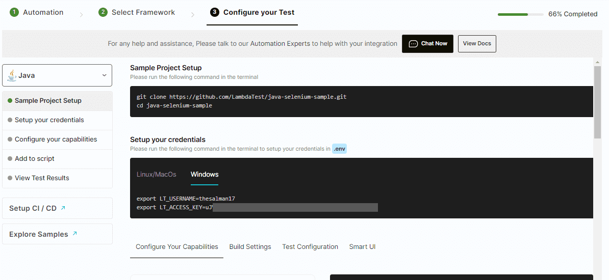 screen instructions to configure the test