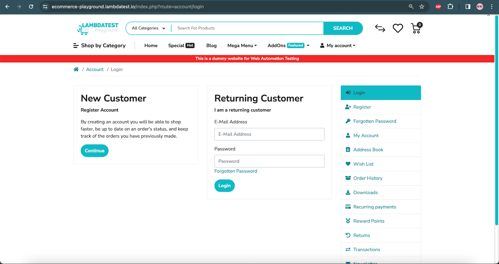 Login Page - LambdaTest eCommerce Playground Website