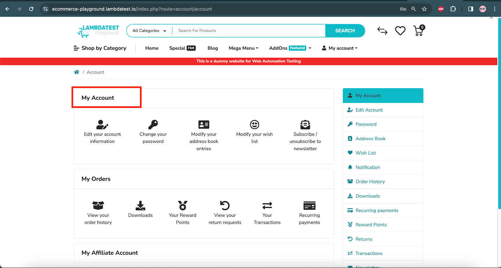 My Account Page - LambdaTest eCommerce Playground Website