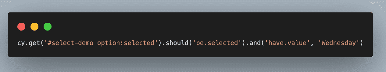 Code snippet showing Cypress command verifying selected option is Wednesday