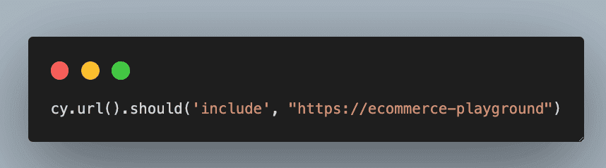 Code snippet showing URL assertion in Cypress test