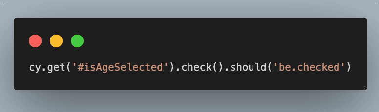 Cypress code snippet demonstrating checkbox selection and assertion
