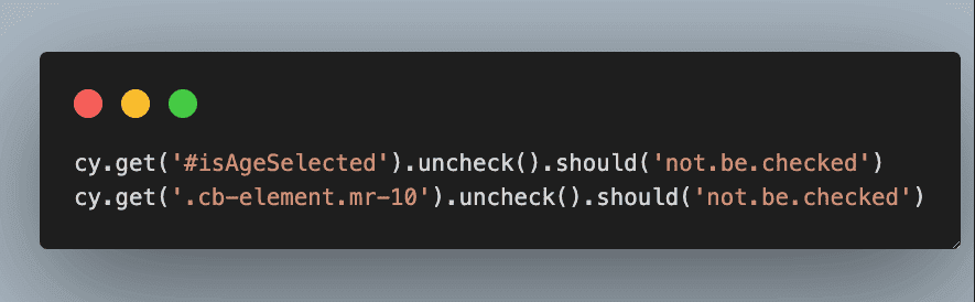 Demonstration of using Cypress commands to uncheck checkboxes and assert their unchecked state