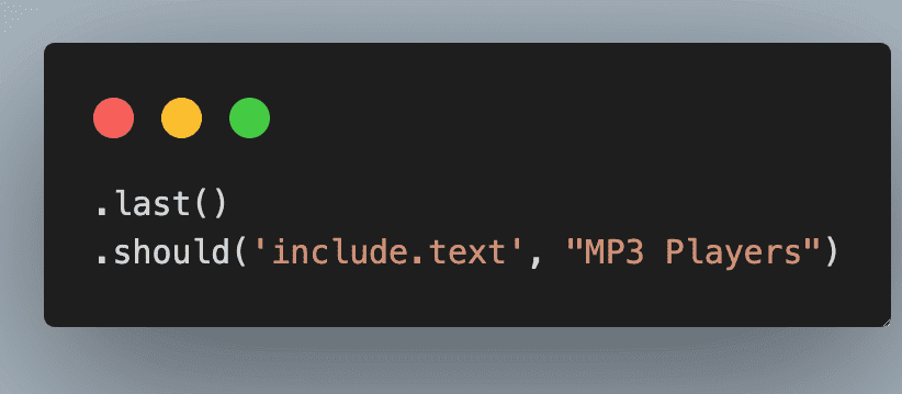 Image depicting code snippet verifying text 'MP3 Players' in last element with class 'figure img-top